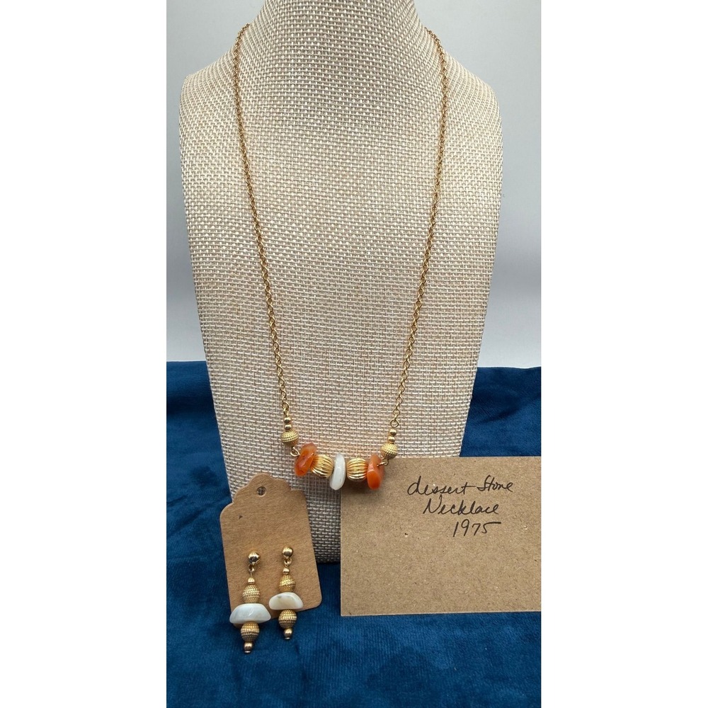 Avon "Desert Stone" Necklace & Earrings Set 1970s Gold Tone Matching Set